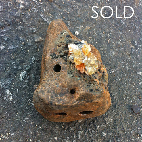 Crystal Barite, Cerussite, and Galena on Stoneware Ocarina *SOLD
