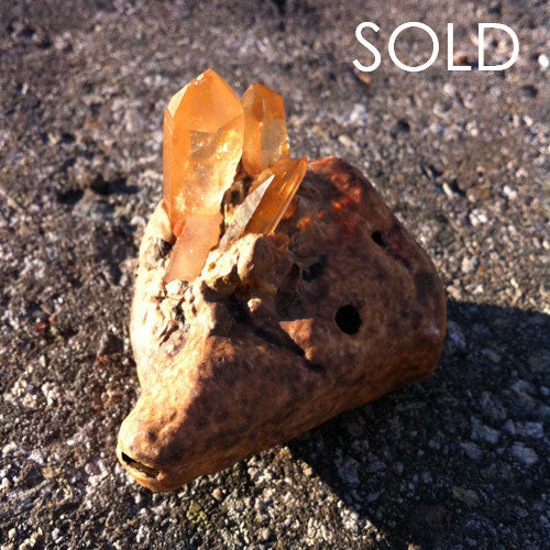 Crystal Tangerine Quartz on Stoneware Ocarina SOLD